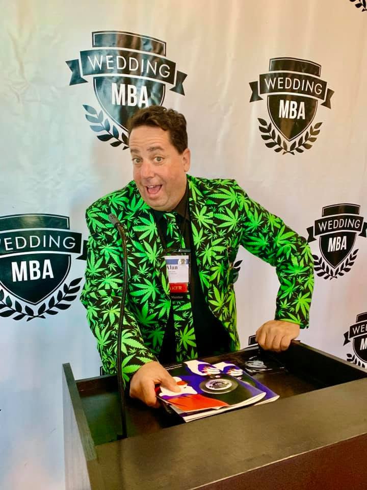 Alan Katz in cannabis-themed suit at Wedding MBA
